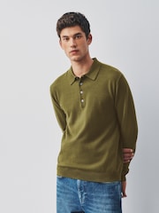 Olive Green Long Sleeve Knitted Polo Shirt - Image 1 of 5