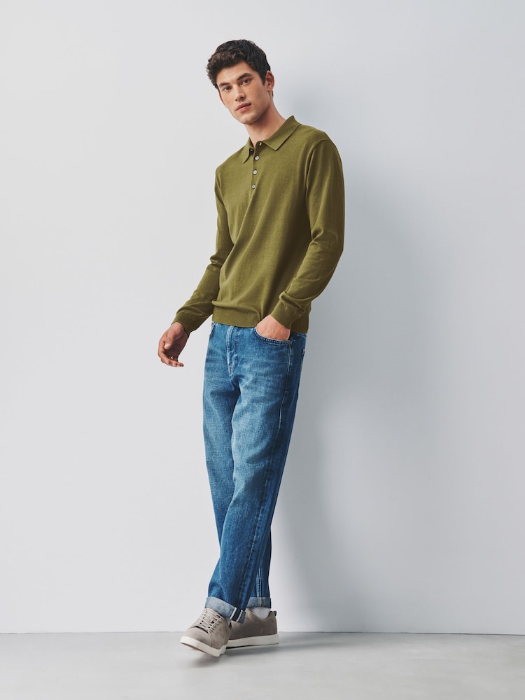Olive Green Long Sleeve Knitted Polo Shirt - Image 2 of 5