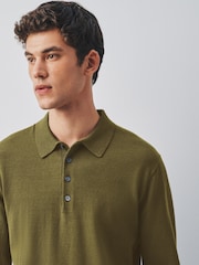 Olive Green Long Sleeve Knitted Polo Shirt - Image 4 of 5