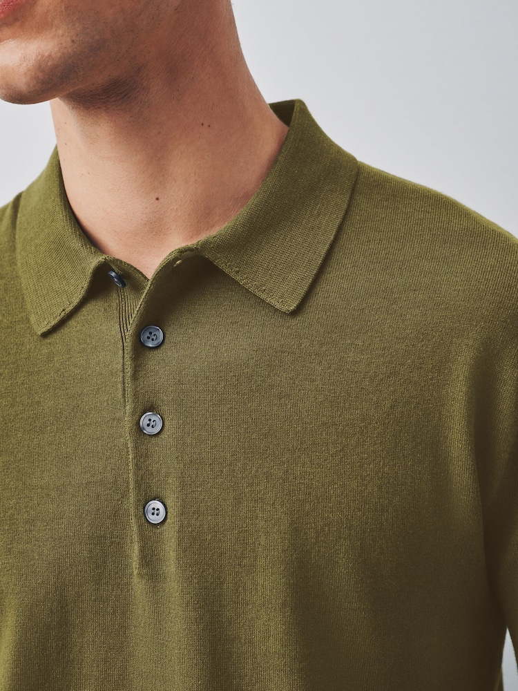 Olive Green Long Sleeve Knitted Polo Shirt - Image 5 of 5