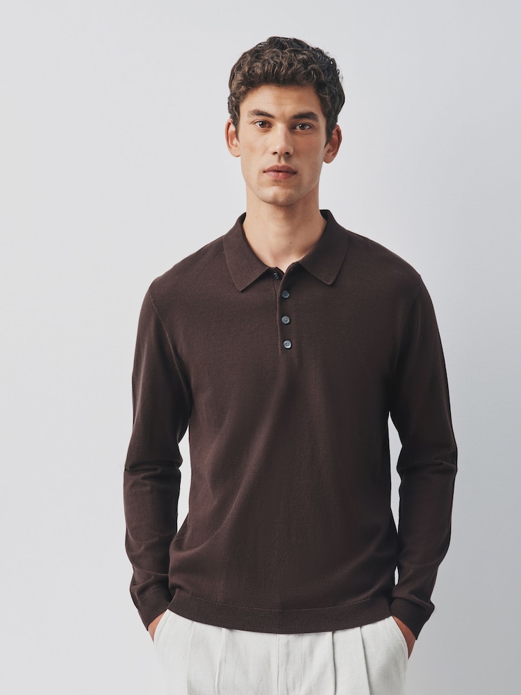 Brown Long Sleeve Knitted Polo Shirt - Image 1 of 8