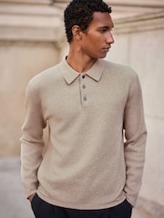 Oatmeal N. Premium Ultrasoft Smart knitted Polo Shirt with Wool - Image 1 of 4