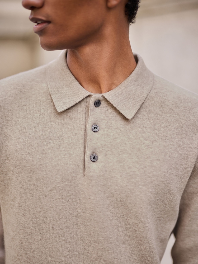 Oatmeal N. Premium Ultrasoft Smart knitted Polo Shirt with Wool - Image 4 of 4 Oatmeal N. Premium Ultrasoft Smart knitted Polo Shirt with Wool - Image 4 of 4