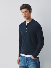 Navy Blue Long Sleeve Knitted Polo Shirt - Image 1 of 5
