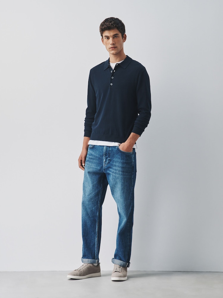 Navy Blue Long Sleeve Knitted Polo Shirt - Image 2 of 5 Navy Blue Long Sleeve Knitted Polo Shirt - Image 2 of 5