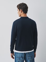 Navy Blue Long Sleeve Knitted Polo Shirt - Image 3 of 5