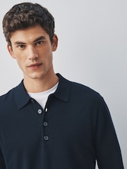 Navy Blue Long Sleeve Knitted Polo Shirt - Image 4 of 5