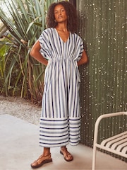 Ro&Zo Blue Stripe Linen Blend Tie Waist Dress - Image 1 of 6