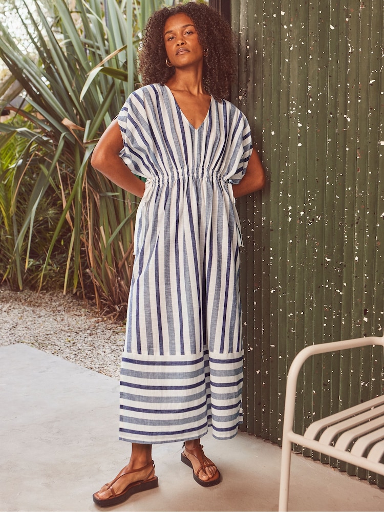 Ro&Zo Blue Stripe Linen Blend Tie Waist Dress - Image 1 of 6 Ro&Zo Blue Stripe Linen Blend Tie Waist Dress - Image 1 of 6