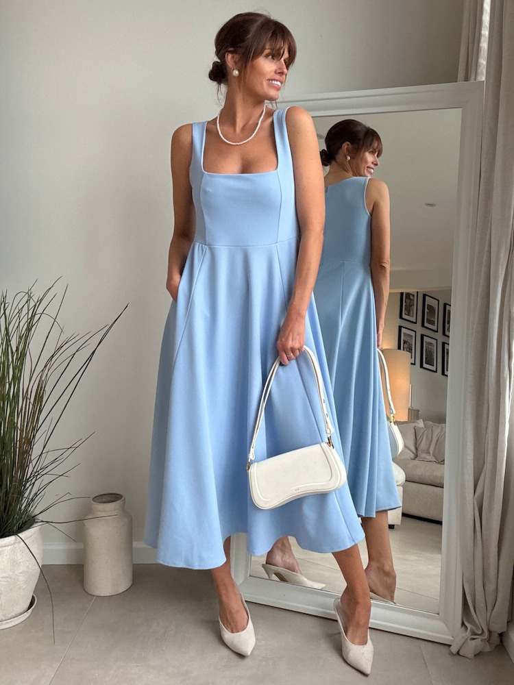Style Cheat Blue Square Neck Fit And Flare Dress - Image 1 of 4