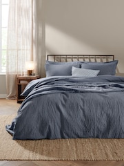 Yard Denim Blue Hebden Cotton Seersucker Duvet Cover and Pillowcase Set - Image 1 of 3