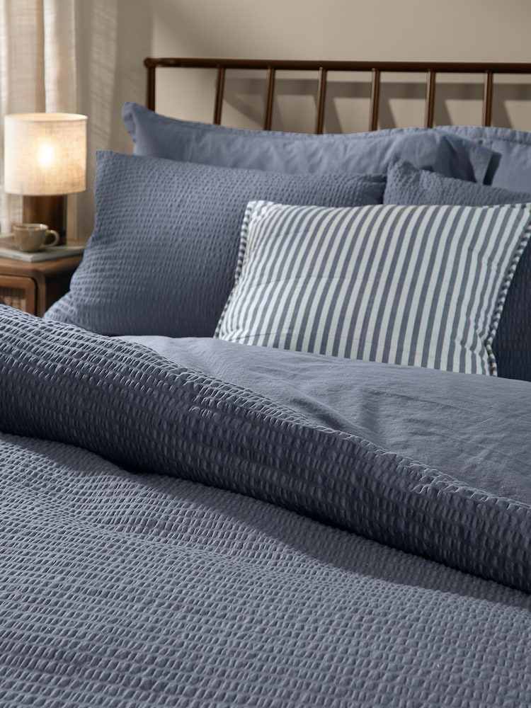 Yard Denim Blue Hebden Cotton Seersucker Duvet Cover and Pillowcase Set - Image 2 of 3 Yard Denim Blue Hebden Cotton Seersucker Duvet Cover and Pillowcase Set - Image 2 of 3