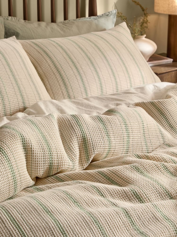 Yard Bay Green Natural Selby Striped Waffle Duvet Cover and Pillowcase Set - Image 2 of 3 Yard Bay Green Natural Selby Striped Waffle Duvet Cover and Pillowcase Set - Image 2 of 3