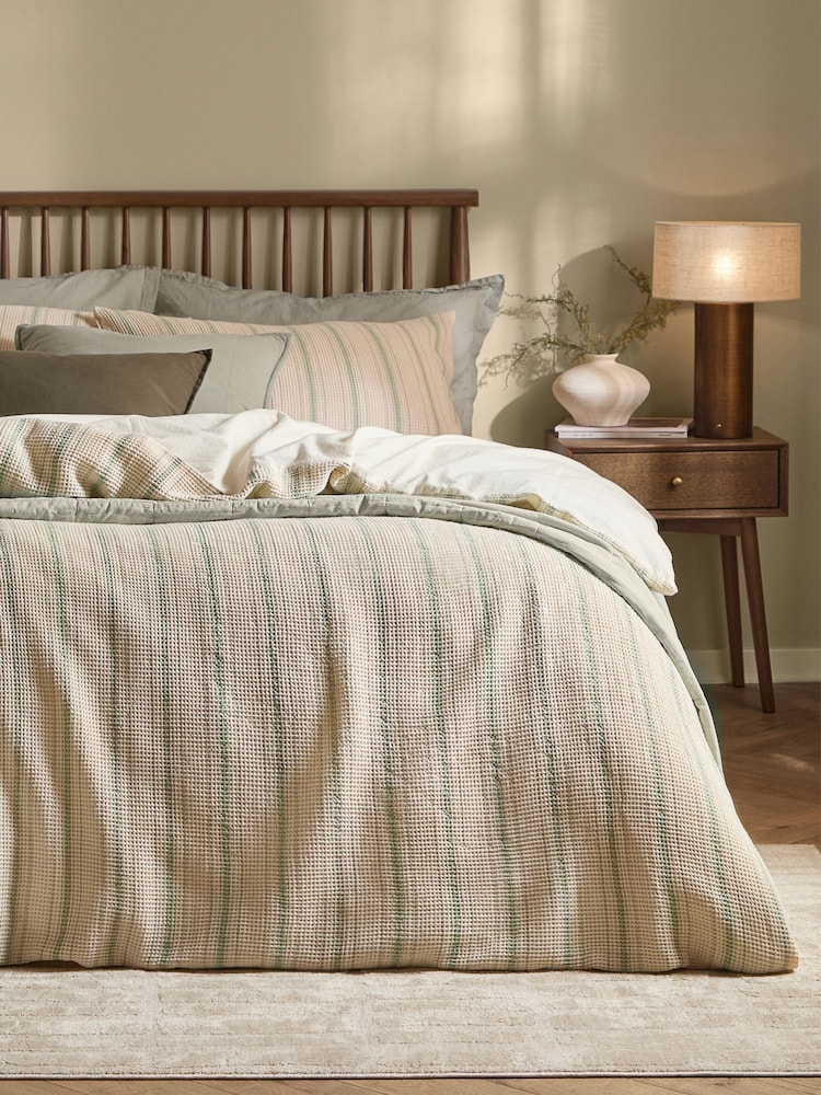 Yard Bay Green Natural Selby Striped Waffle Duvet Cover and Pillowcase Set - Image 3 of 3 Yard Bay Green Natural Selby Striped Waffle Duvet Cover and Pillowcase Set - Image 3 of 3