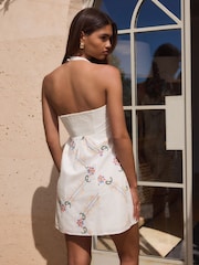 White Floral Embroidered Halter Bow Mini Dress - Image 4 of 9