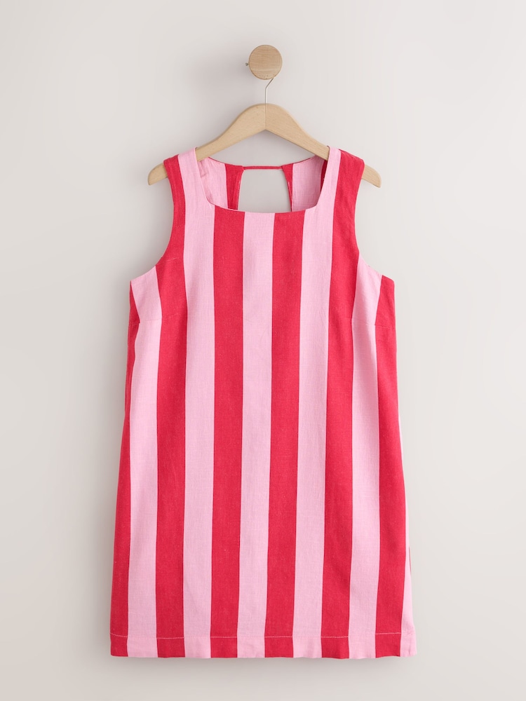 Pink/Red Stripe Linen Rich Square Neck Shift Mini Dress - Image 1 of 3