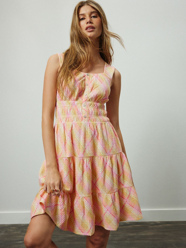 Pink/Yellow Check Sleeveless Textured Jersey Mini Dress - Image 1 of 9