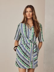 Blue Fish Print Long Sleeve Mini Wrap Waist Shirt Dress - Image 1 of 8