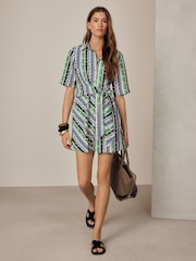 Blue Fish Print Long Sleeve Mini Wrap Waist Shirt Dress - Image 2 of 8