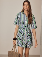Blue Fish Print Long Sleeve Mini Wrap Waist Shirt Dress - Image 3 of 8