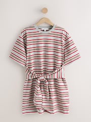Red/Grey Stripe Cotton Blend Tie Waist Jersey T-Shirt Mini Dress - Image 5 of 7