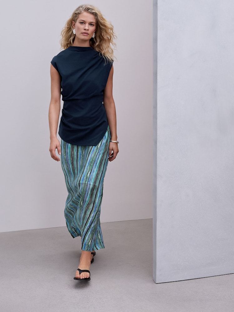 أزرق مقلم - فستان متوسط الطول بتنورة شفافة 2 في 1 - صورة 1 من 9