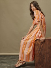 Orange Stripe Puff Sleeve Shirred Midi Dress - Image 1 of 8