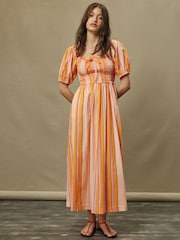 Orange Stripe Puff Sleeve Shirred Midi Dress - Image 2 of 8