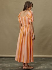 Orange Stripe Puff Sleeve Shirred Midi Dress - Image 3 of 8
