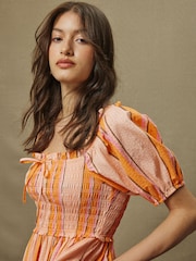 Orange Stripe Puff Sleeve Shirred Midi Dress - Image 5 of 8