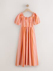 Orange Stripe Puff Sleeve Shirred Midi Dress - Image 6 of 8
