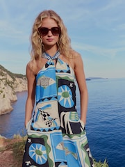 Blue Mediterranean Print Halter Twist Neck Midi Dress - Image 3 of 7