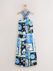 Blue Mediterranean Print Halter Twist Neck Midi Dress - Image 5 of 7