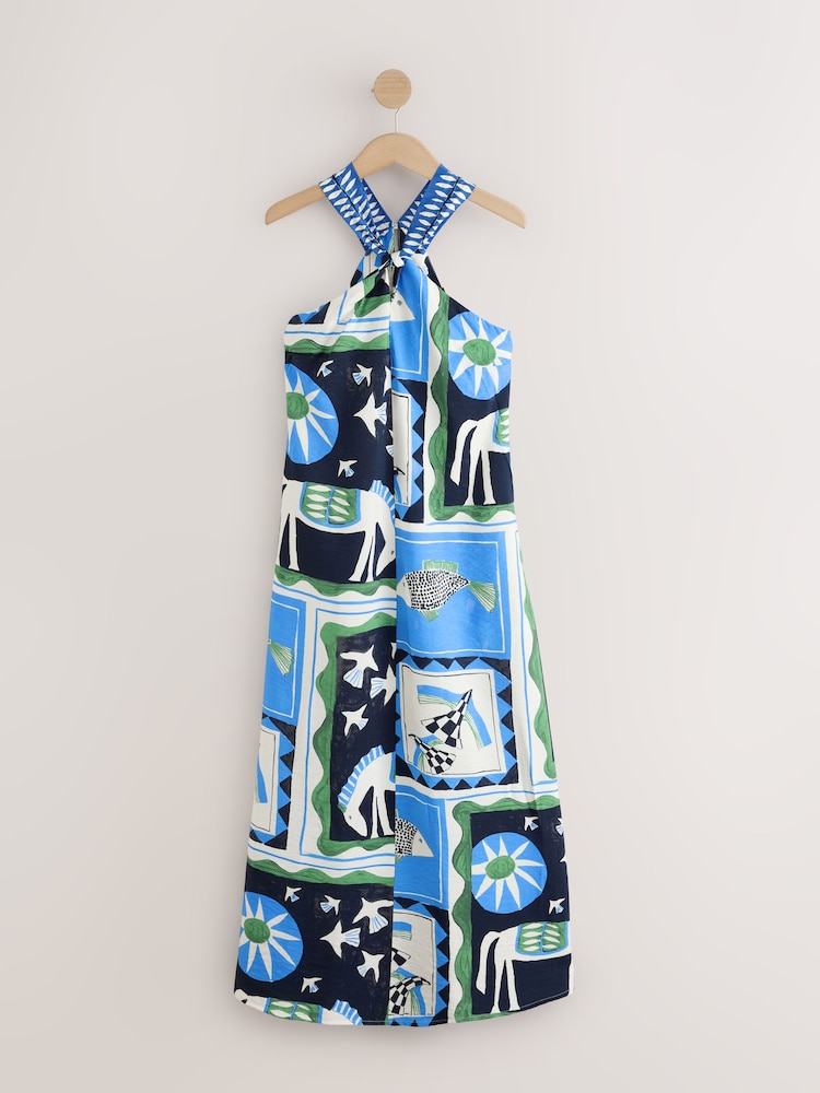 blue twist front halter midi dress UO Get It Twisted Knot-Front Halter Neck Lace Midi Dress