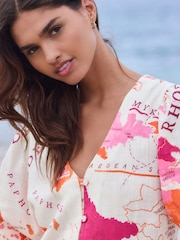 Pink Map Print Short Sleeve Button Through Tiered Mini Dress with Linen - Image 4 of 8