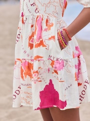 Pink Map Print Short Sleeve Button Through Tiered Mini Dress with Linen - Image 5 of 8