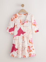 Pink Map Print Short Sleeve Button Through Tiered Mini Dress with Linen - Image 6 of 8