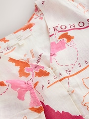 Pink Map Print Short Sleeve Button Through Tiered Mini Dress with Linen - Image 7 of 8