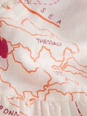 Pink Map Print Short Sleeve Button Through Tiered Mini Dress with Linen - Image 8 of 8
