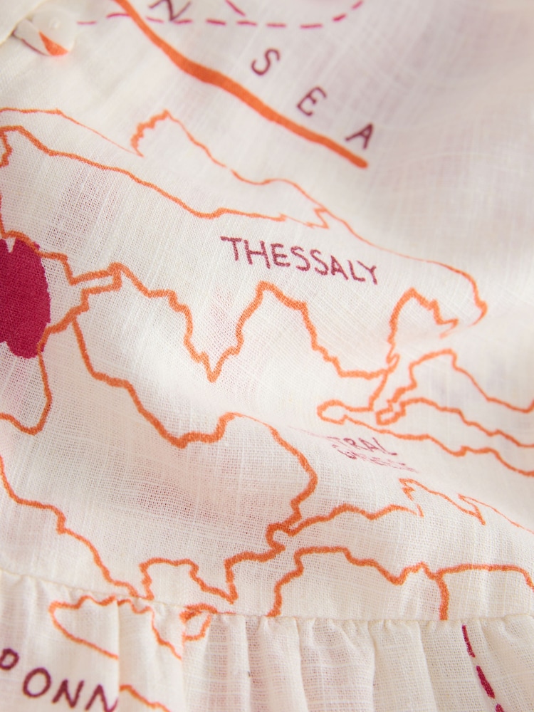 Pink Map Print Short Sleeve Button Through Tiered Mini Dress with Linen - Image 8 of 8