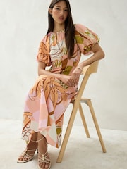 Orange Floral Print Puff Sleeve Midi Dress - Image 1 of 9