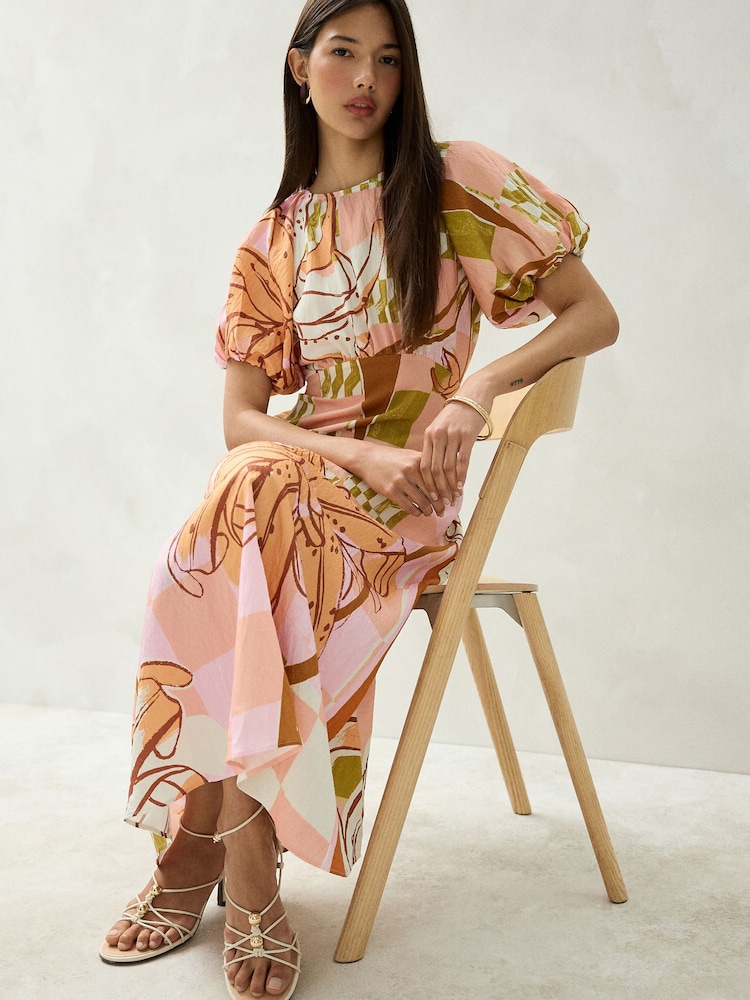 Orange Floral Print Puff Sleeve Midi Dress - Image 1 of 9 Orange Floral Print Puff Sleeve Midi Dress - Image 1 of 9