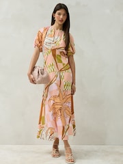 Orange Floral Print Puff Sleeve Midi Dress - Image 2 of 9