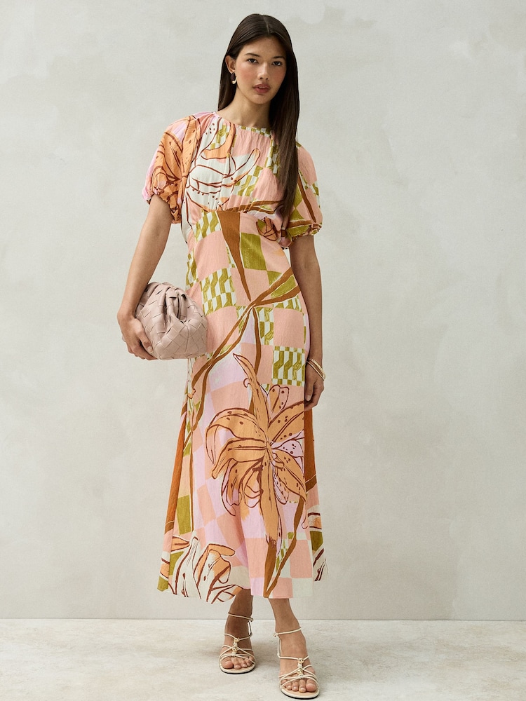 Orange Floral Print Puff Sleeve Midi Dress - Image 2 of 9 Orange Floral Print Puff Sleeve Midi Dress - Image 2 of 9