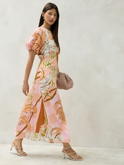 Orange Floral Print Puff Sleeve Midi Dress - Image 3 of 9