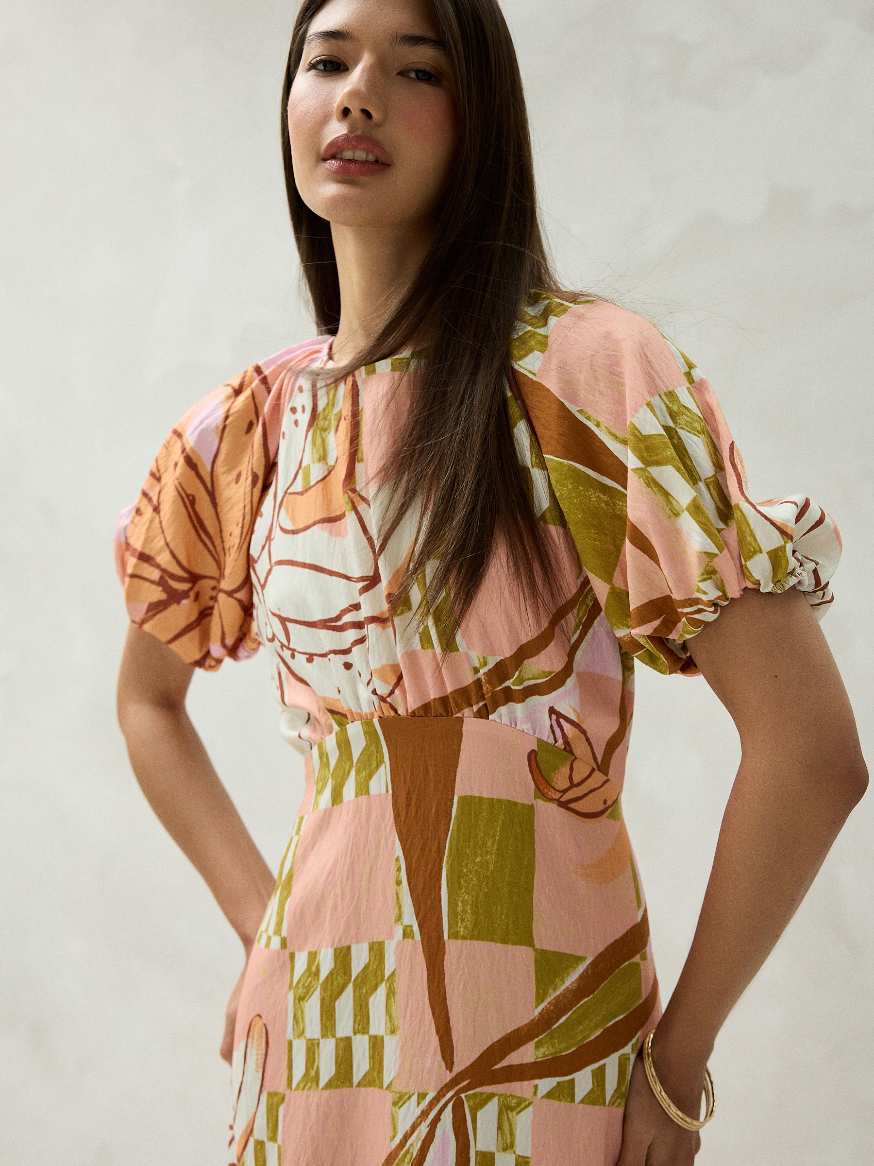 Buy Orange Floral Print Puff Sleeve Midi Dress from Next USA