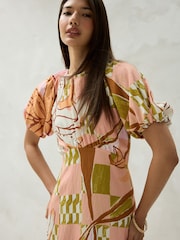 Orange Floral Print Puff Sleeve Midi Dress - Image 5 of 9