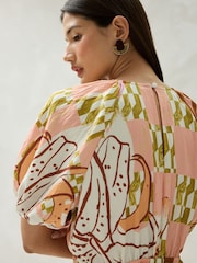 Orange Floral Print Puff Sleeve Midi Dress - Image 6 of 9