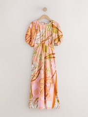 Orange Floral Print Puff Sleeve Midi Dress - Image 7 of 9