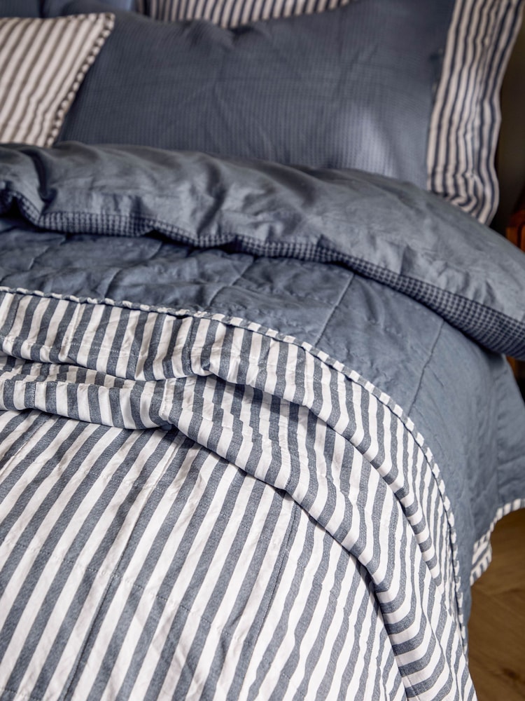 Yard NavyDenim Blue Hebden Stripe Stonewashed Cotton Bedspread - Image 2 of 4